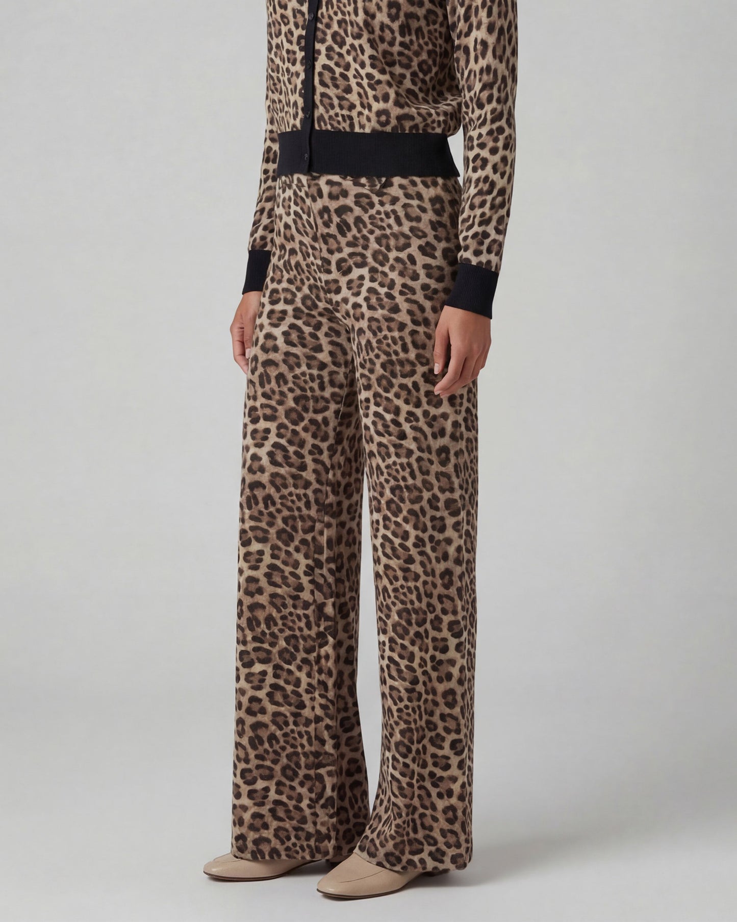 PHEOBE LEOPARD BROWN WOMENS WOOL WIDE-LEG PANT