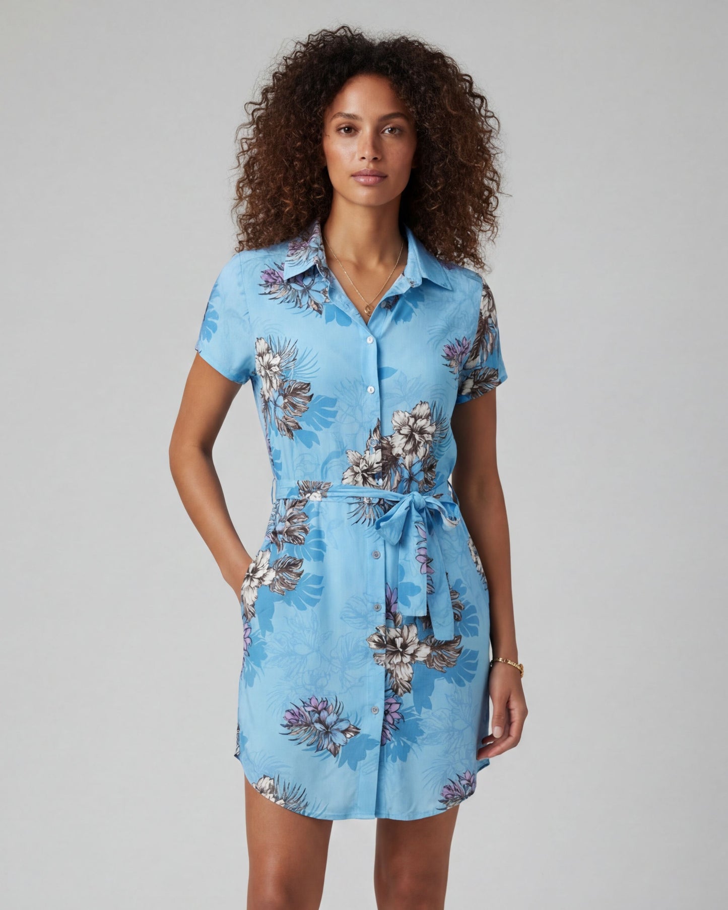 CRYSTAL EXOTIC FLORAL TEAL WOMENS SHIRT DRESS