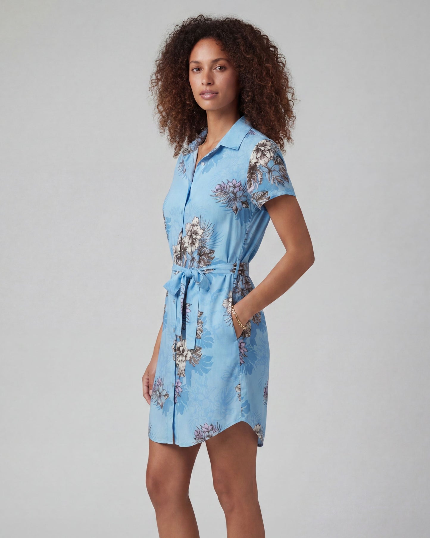 CRYSTAL EXOTIC FLORAL TEAL WOMENS SHIRT DRESS