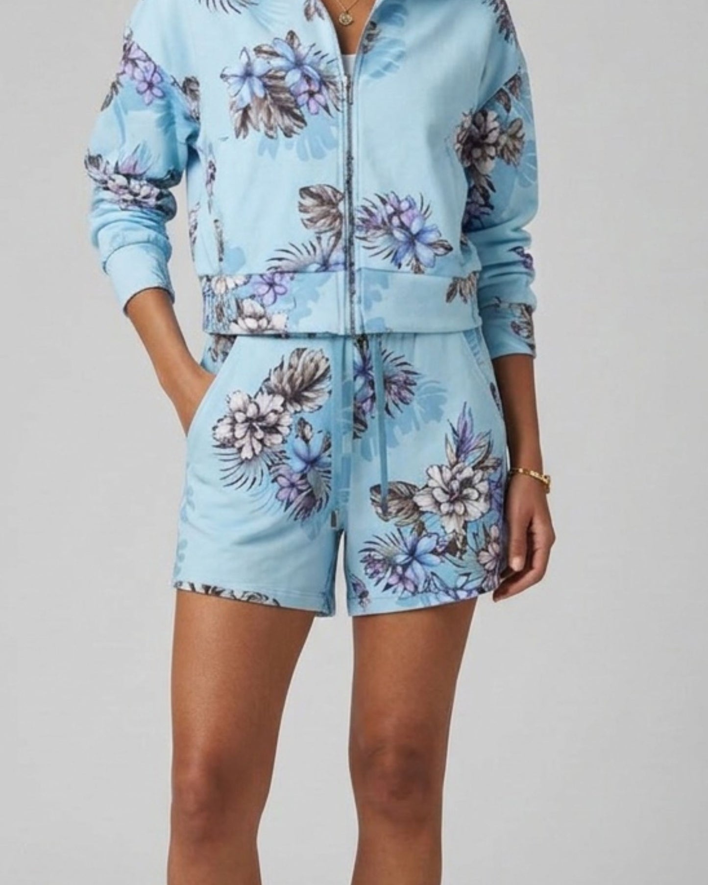 PENELOPE EXOTIC FLORAL TEAL WOMENS DRAWSTRING SHORT
