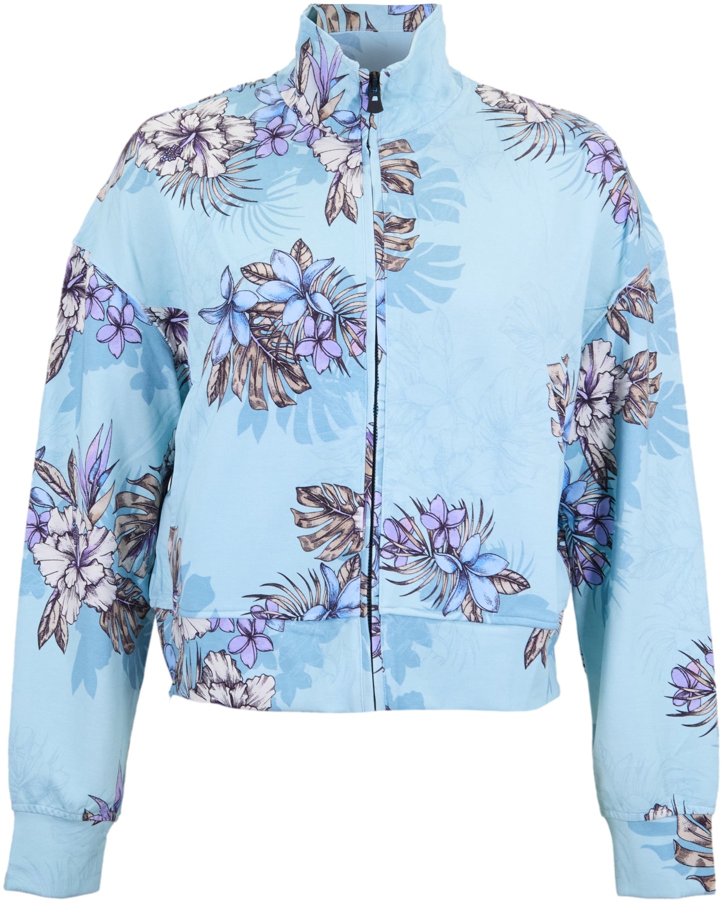 JUDY EXOTIC FLORAL TEAL WOMENS CROPPED ZIP JACKET