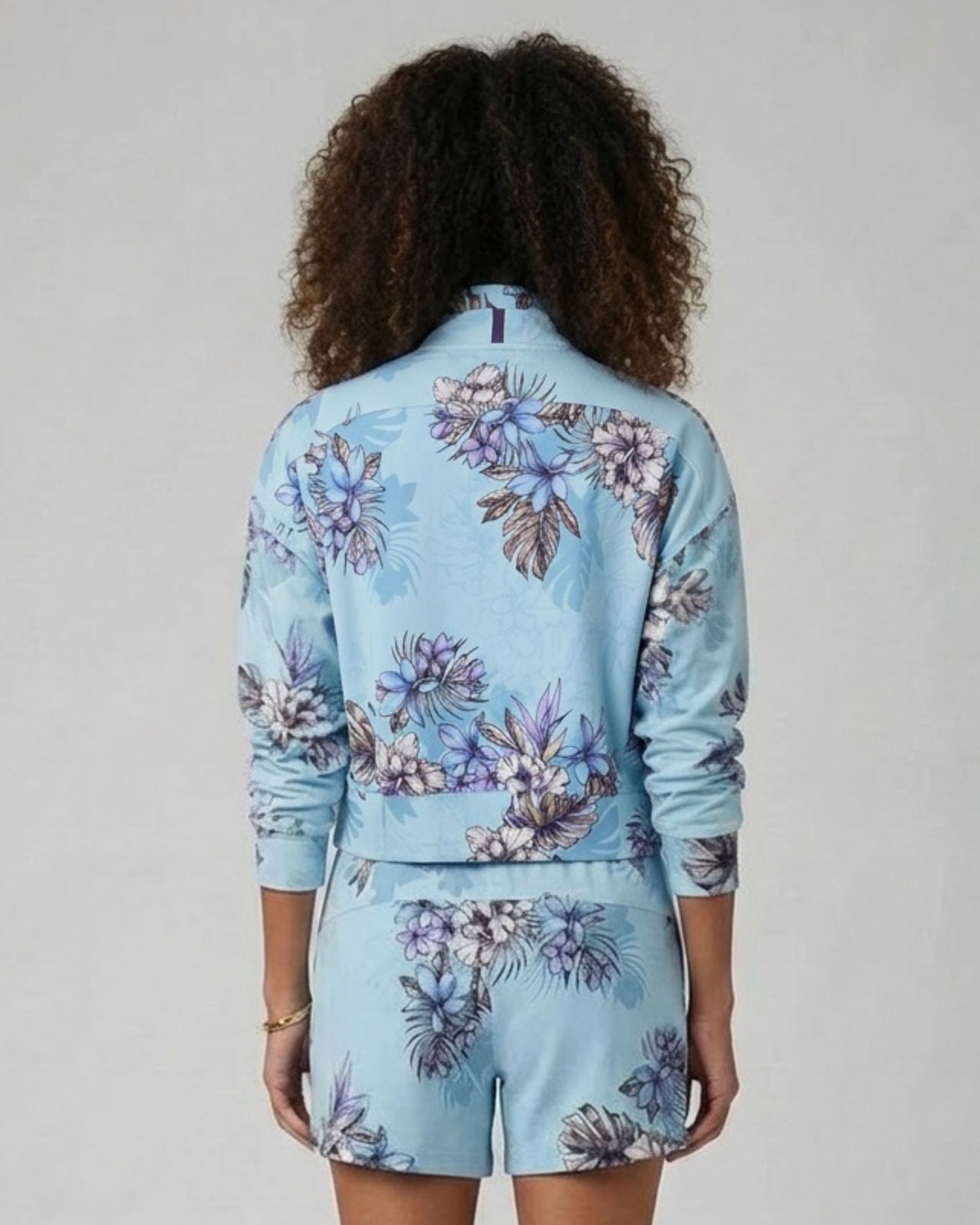 JUDY EXOTIC FLORAL TEAL WOMENS CROPPED ZIP JACKET