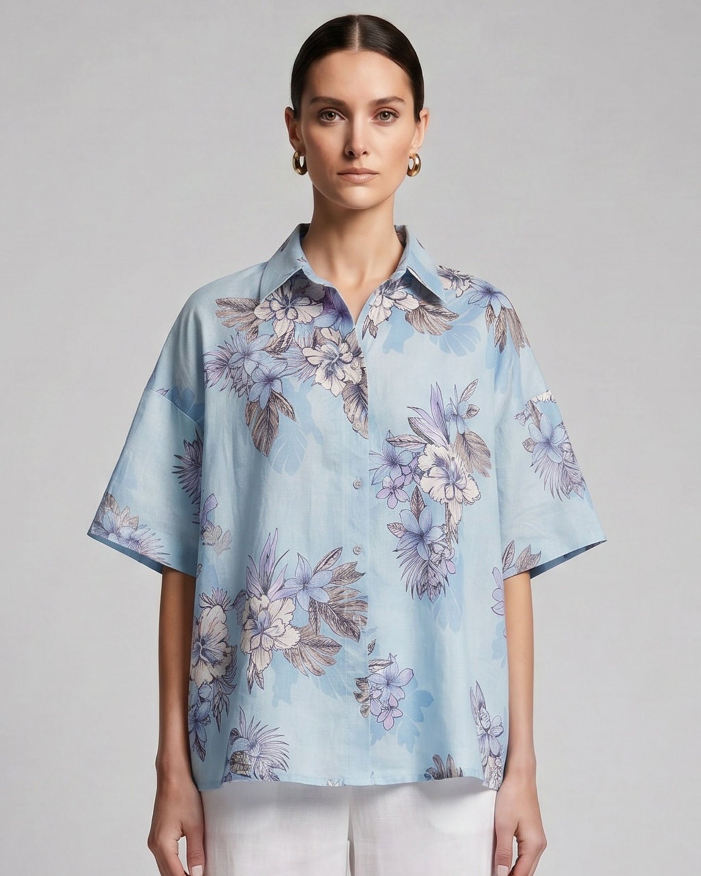 LARA EXOTIC FLORAL TEAL WOMENS RELAXED LINEN SHIRT