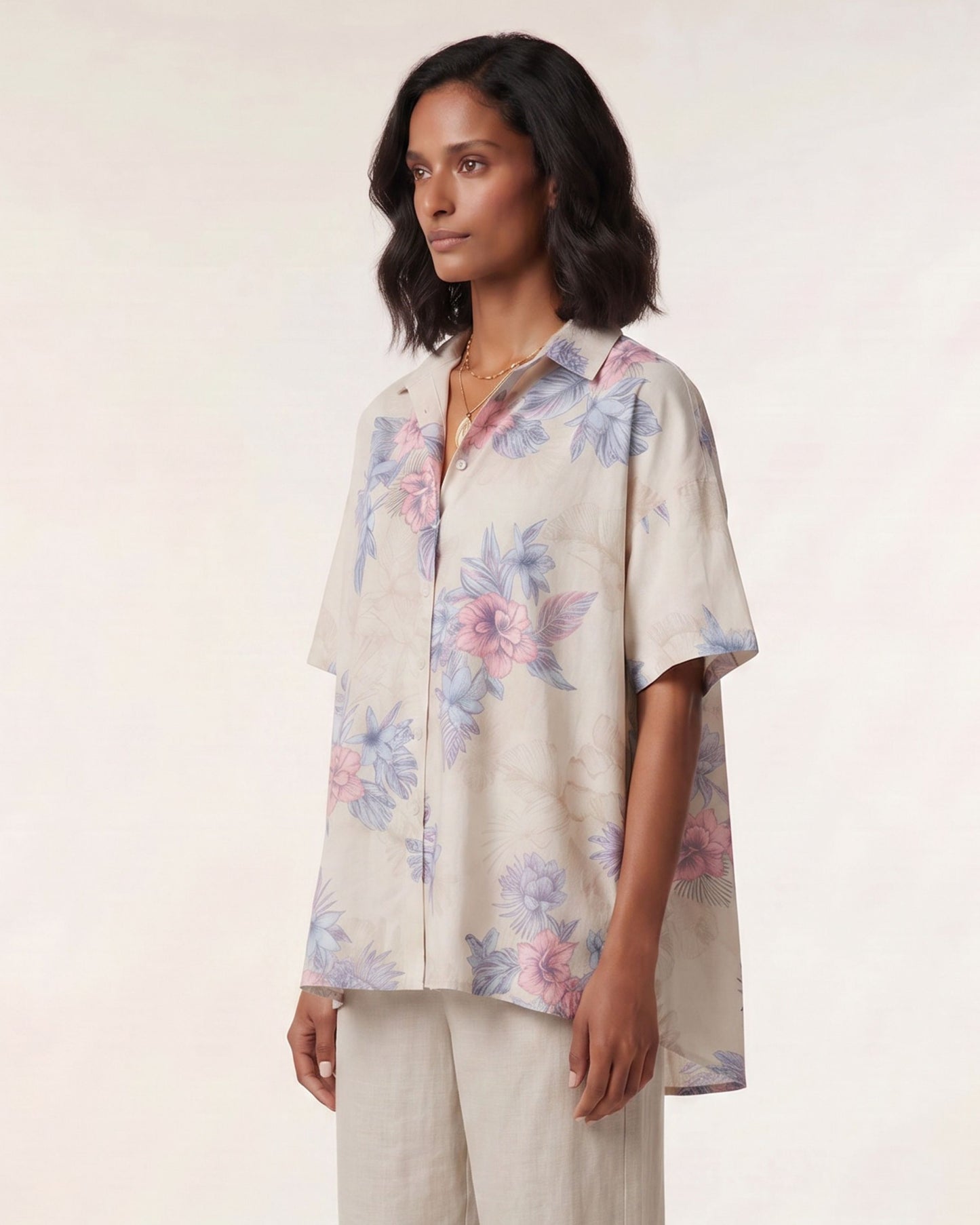 LARA EXOTIC FLORAL NATURAL WOMENS RELAXED LINEN SHIRT