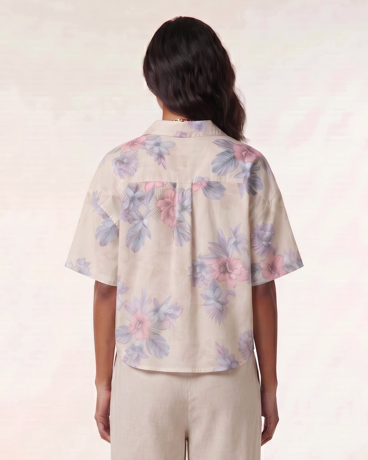 LARA EXOTIC FLORAL NATURAL WOMENS RELAXED LINEN SHIRT
