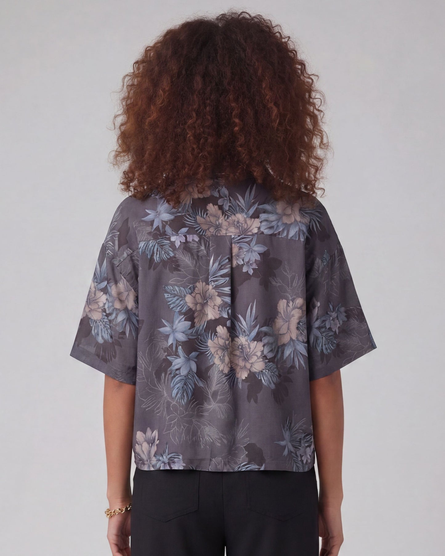 LARA EXOTIC FLORAL BLACK WOMEN'S RELAXED LINEN SHIRT