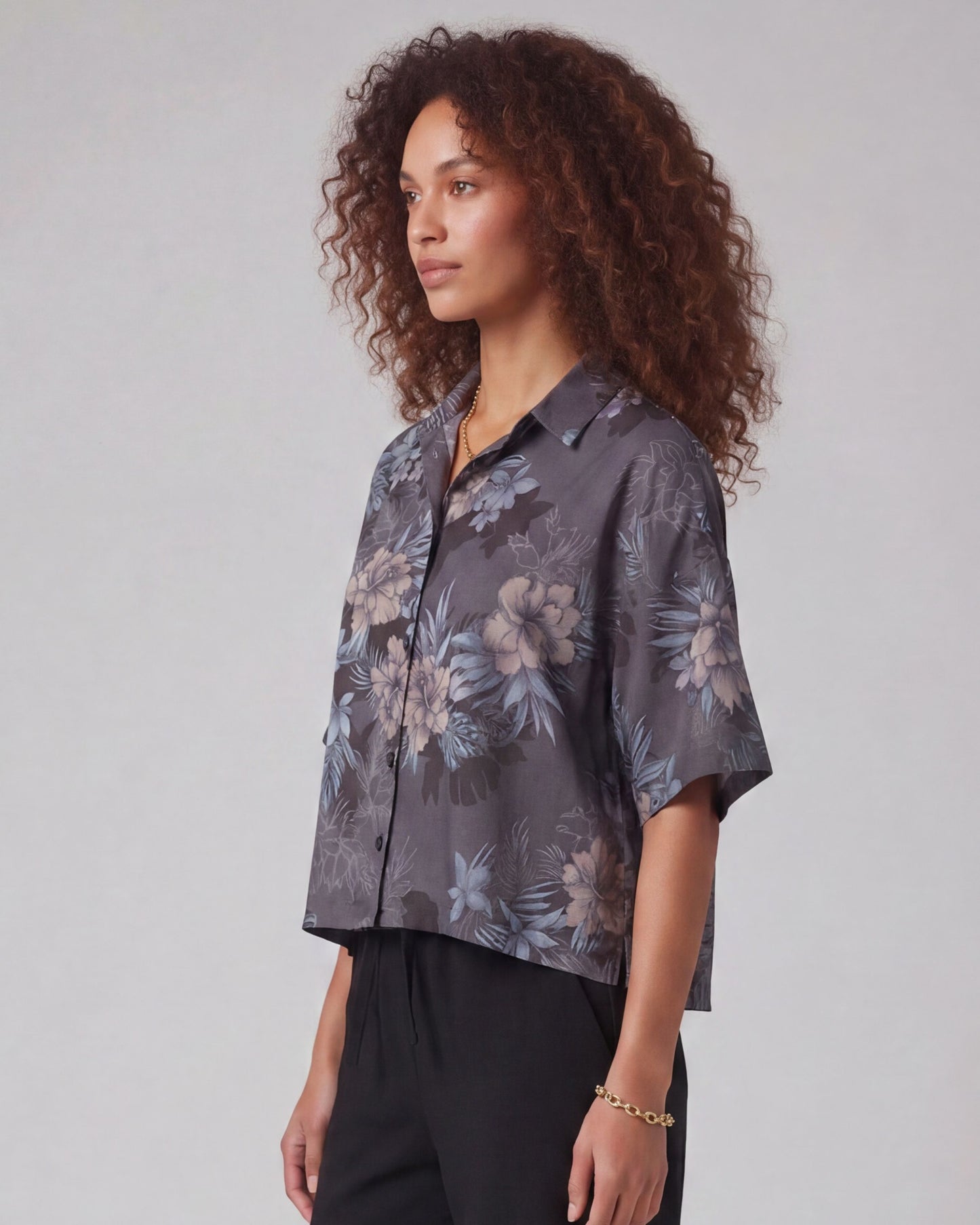 LARA EXOTIC FLORAL BLACK WOMEN'S RELAXED LINEN SHIRT