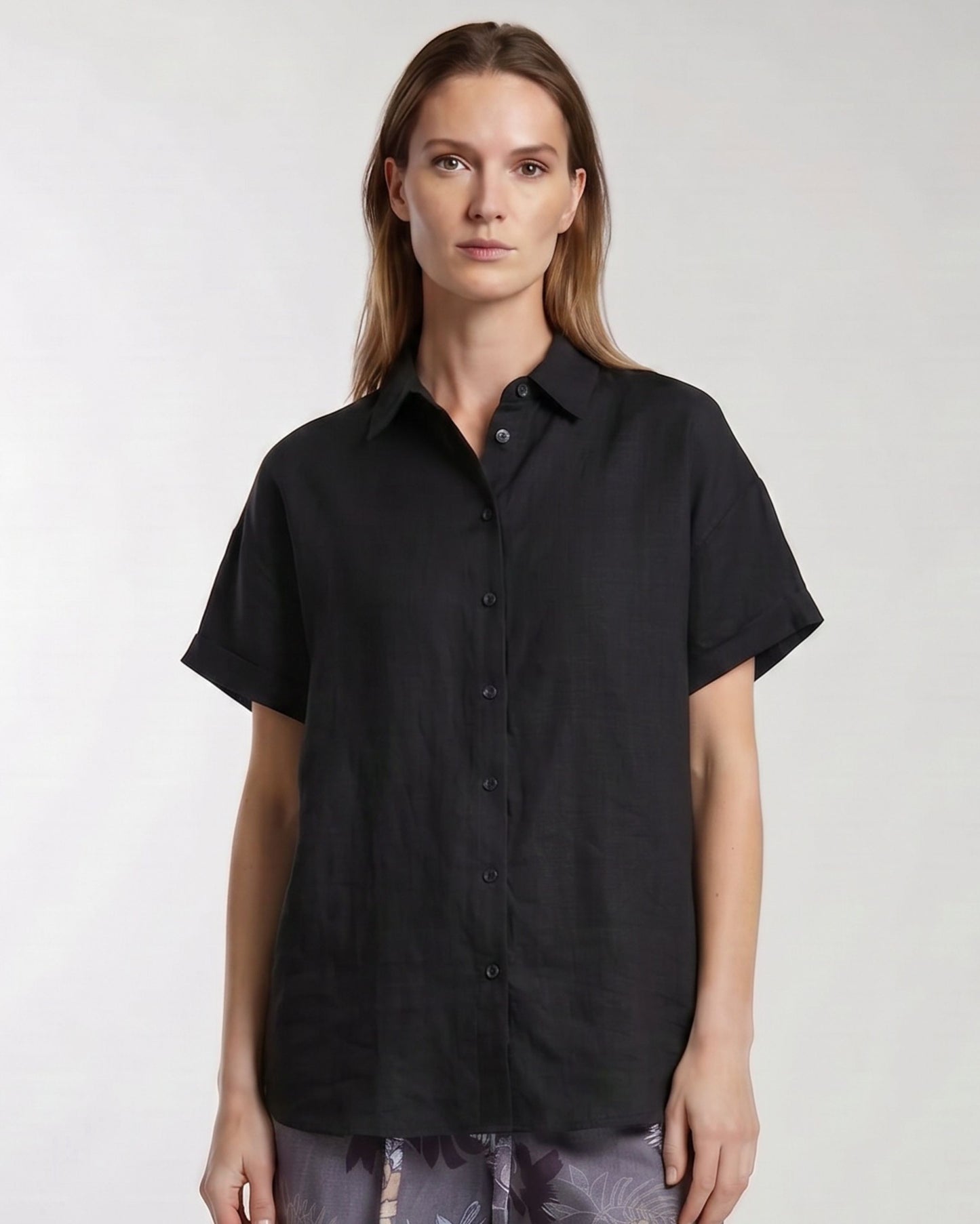 LARA BLACK WOMENS RELAXED LINEN SHIRT