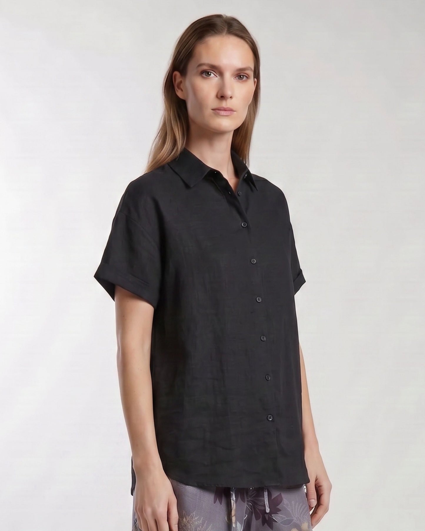 LARA BLACK WOMENS RELAXED LINEN SHIRT