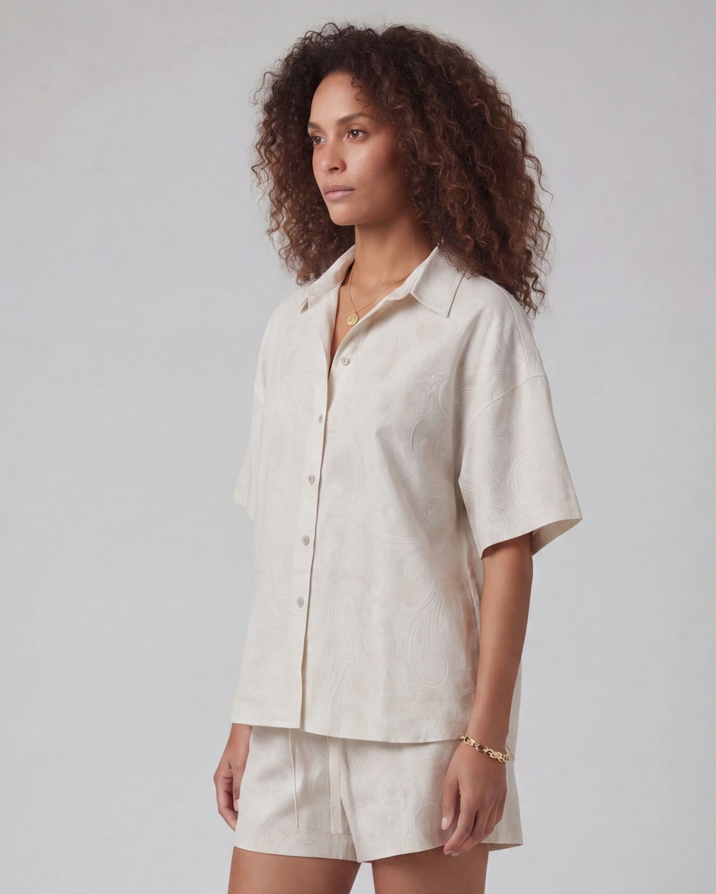 LARA PAISLEY EXPLOSION IVORY WOMENS RELAXED LINEN SHIRT
