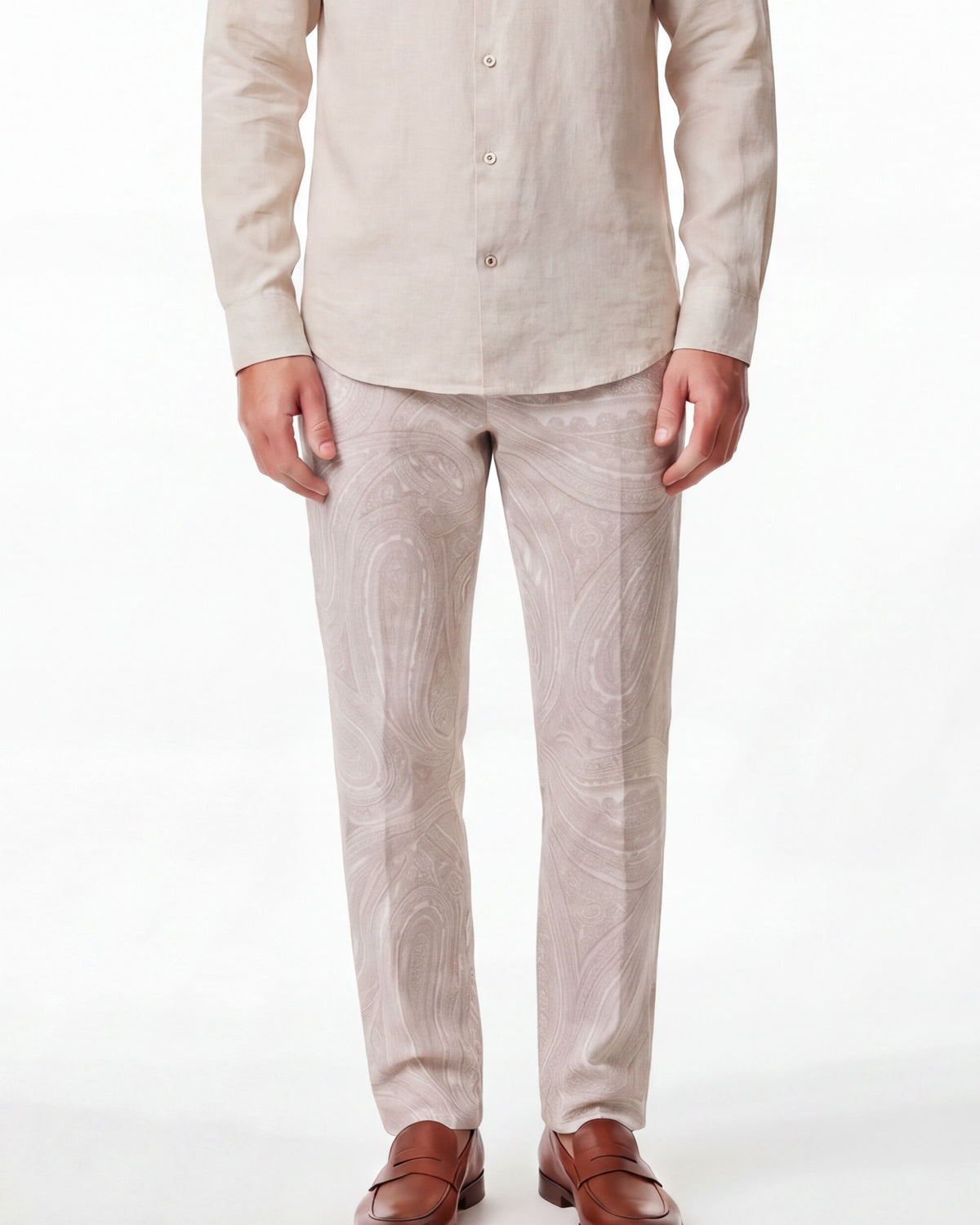 CASPIAN WILD PAISLEY OXFORD STRETCH COTTON CHINO PANT - IVORY