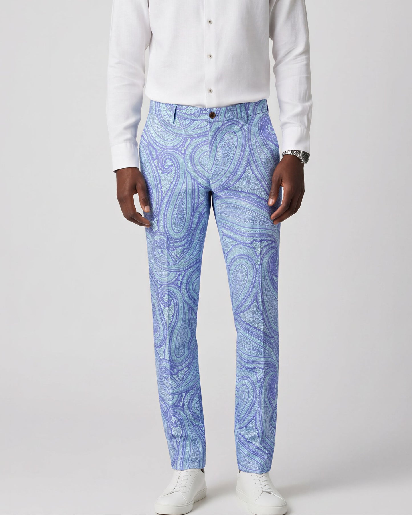 CASPIAN WILD PAISLEY OXFORD STRETCH COTTON CHINO PANT - BLUE