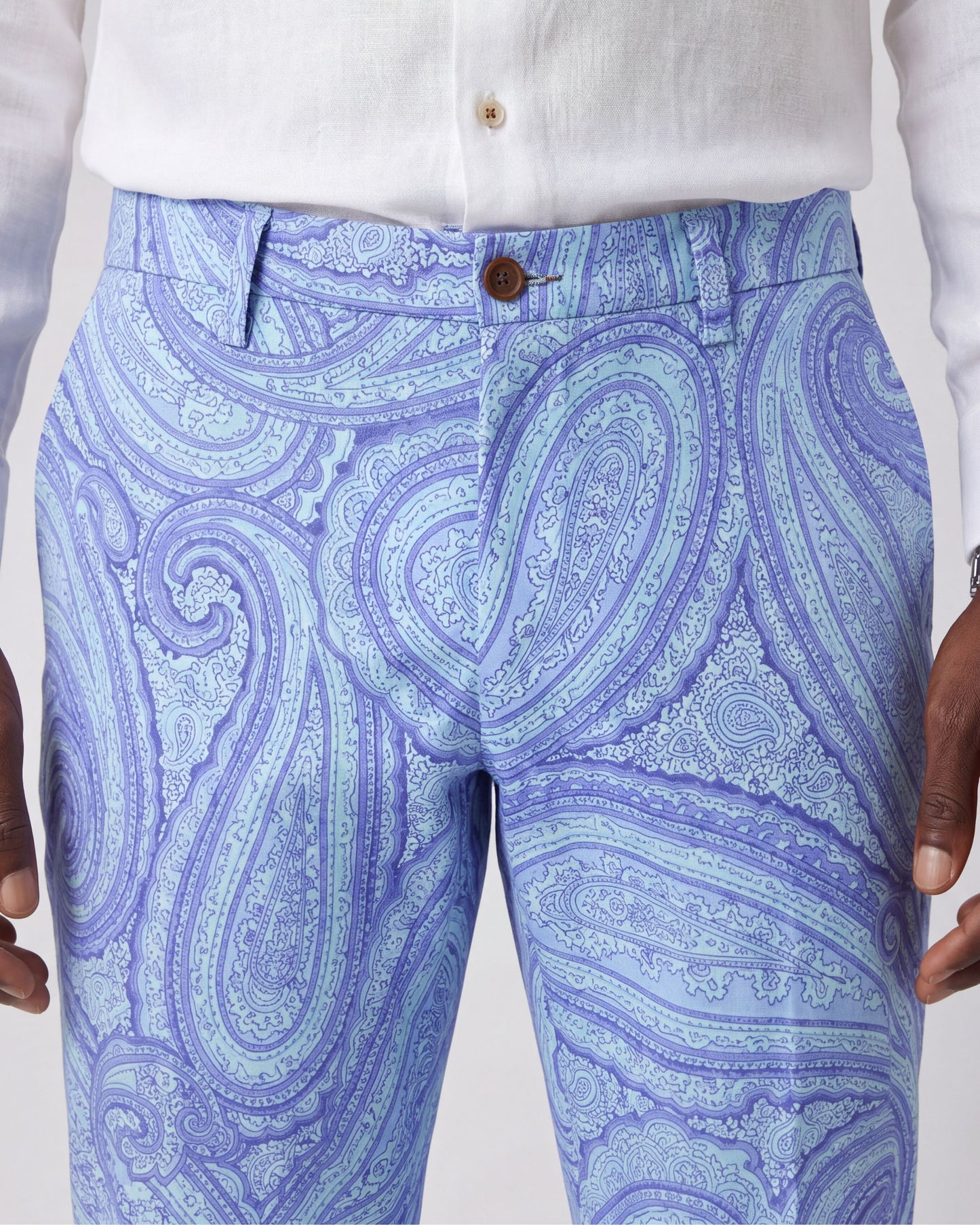 CASPIAN WILD PAISLEY OXFORD STRETCH COTTON CHINO PANT - BLUE