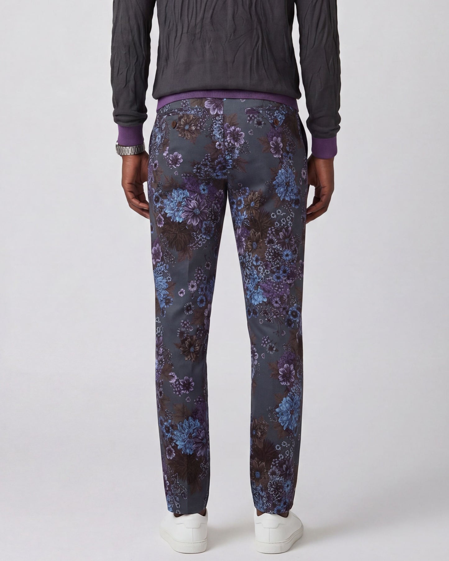 CASPIAN MARCO FLORAL STRETCH COTTON CHINO PANT - CHARCOAL