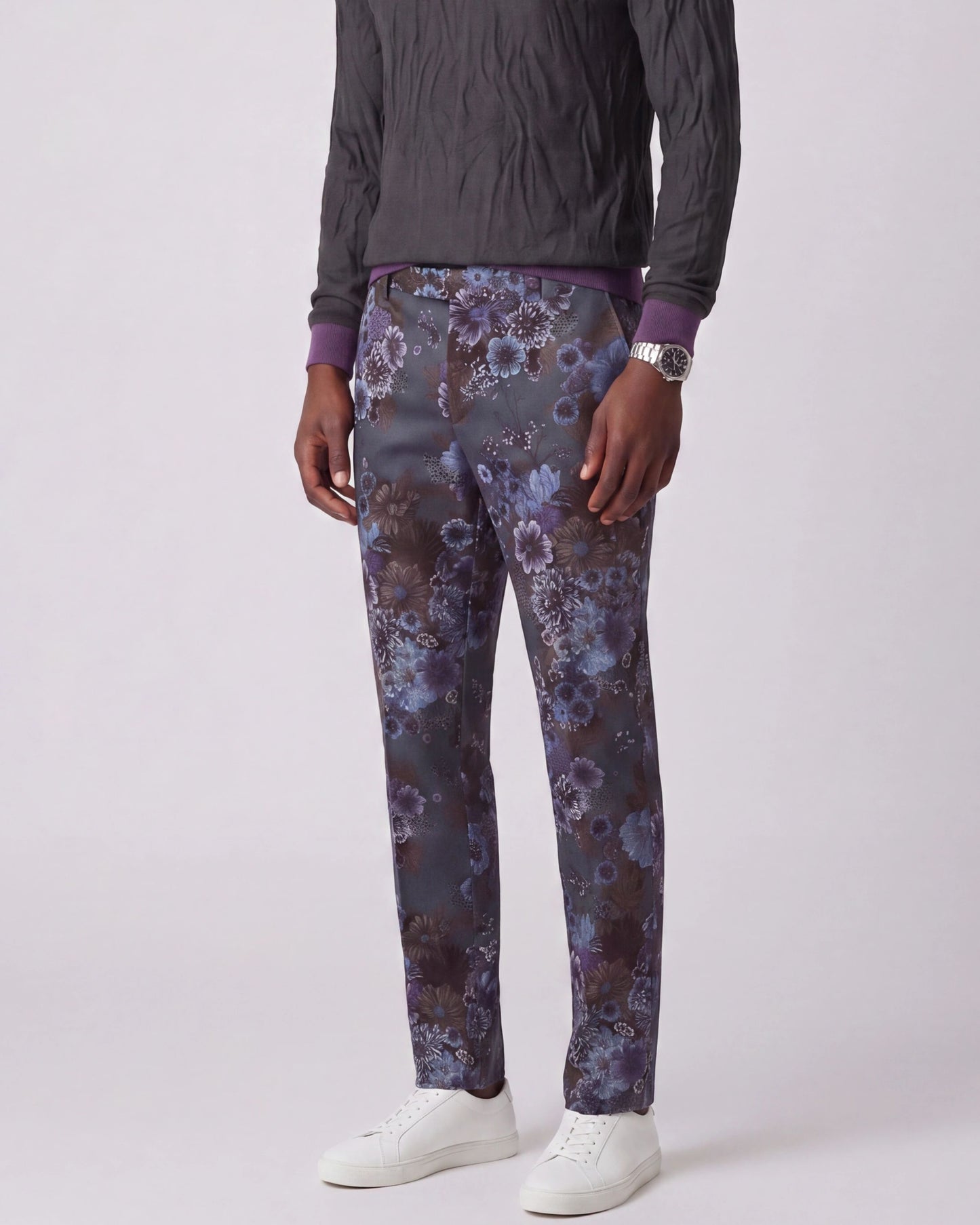 CASPIAN MARCO FLORAL STRETCH COTTON CHINO PANT - CHARCOAL