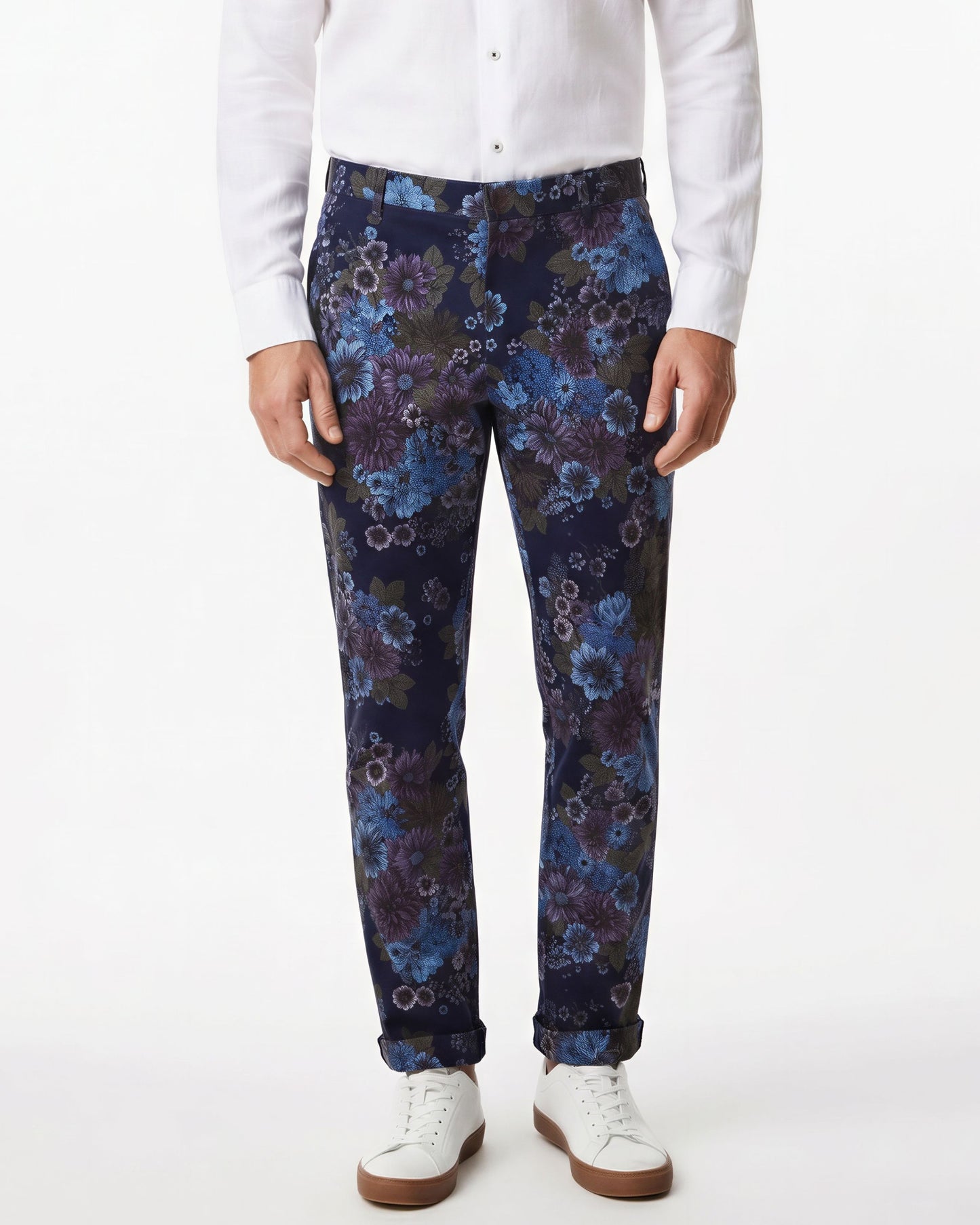 CASPIAN MARCO FLORAL STRETCH COTTON CHINO PANT - NAVY