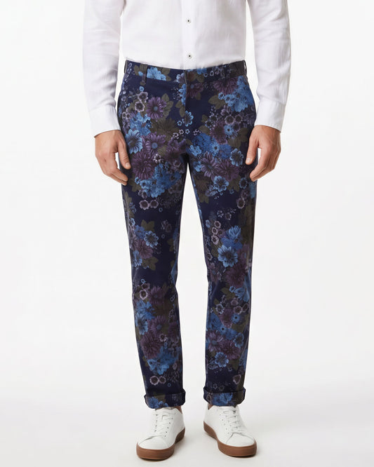 CASPIAN MARCO FLORAL STRETCH COTTON CHINO PANT - NAVY