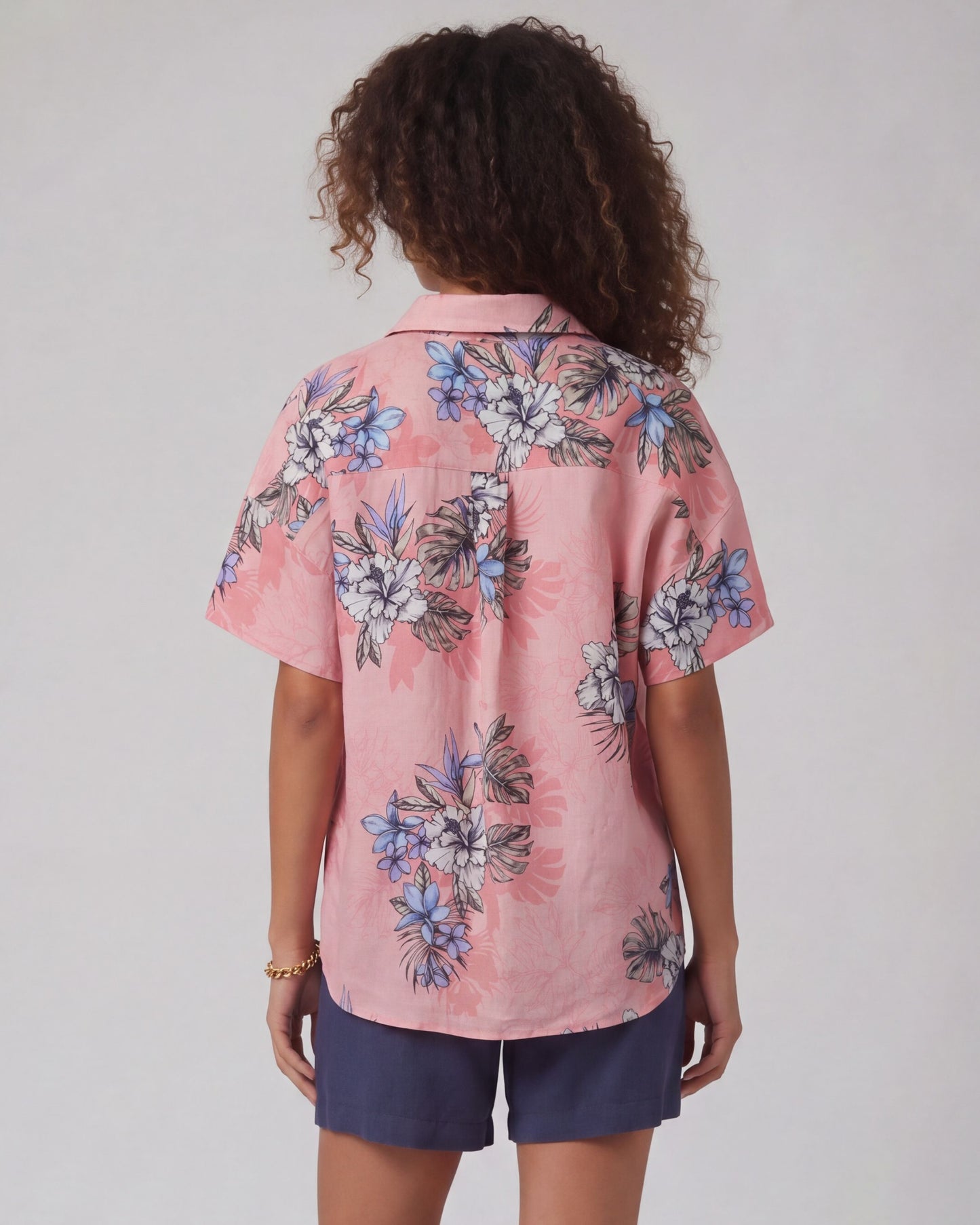 LARA EXOTIC FLORAL CORAL WOMENS RELAXED LINEN SHIRT