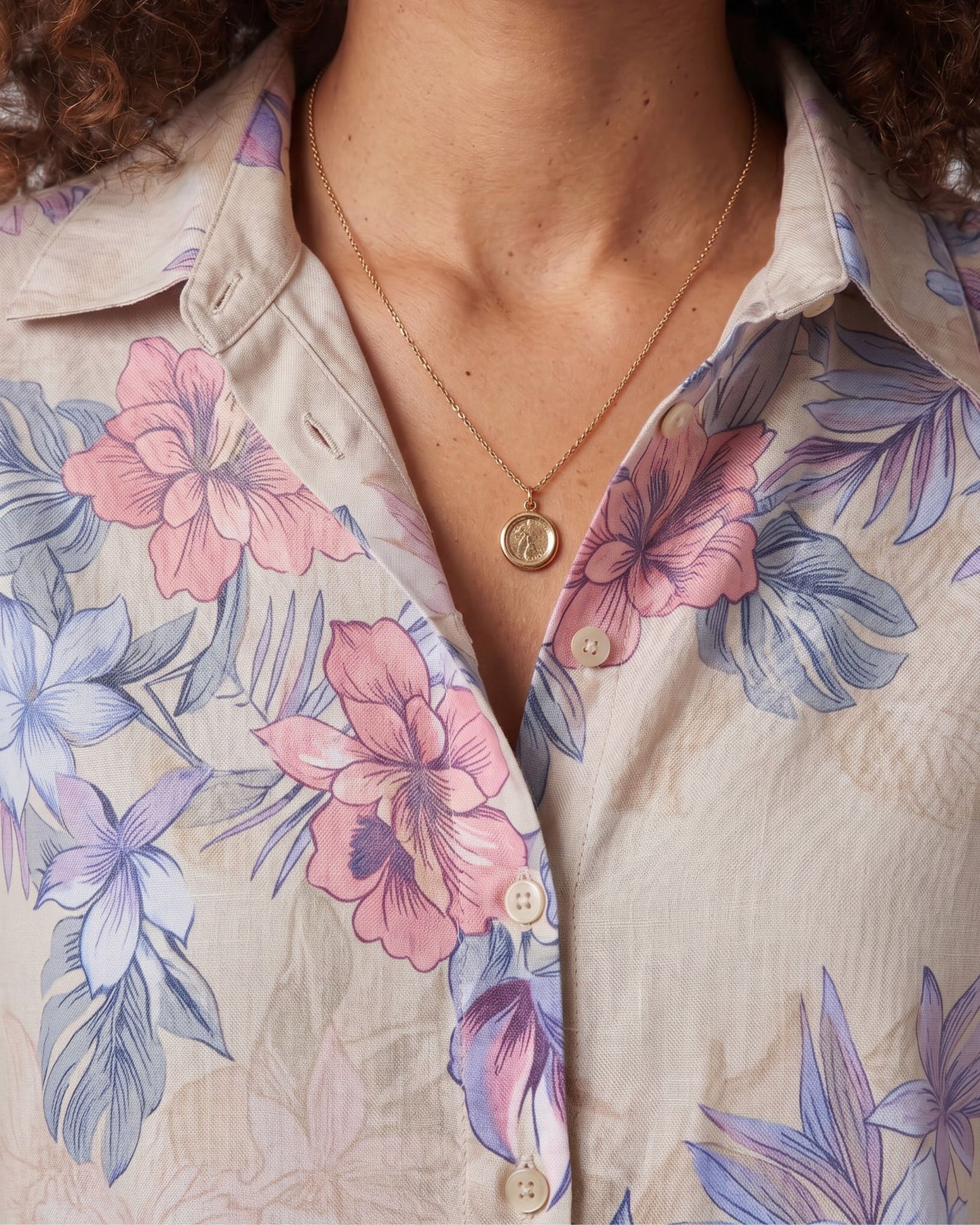 LARA EXOTIC FLORAL NATURAL WOMENS RELAXED LINEN SHIRT