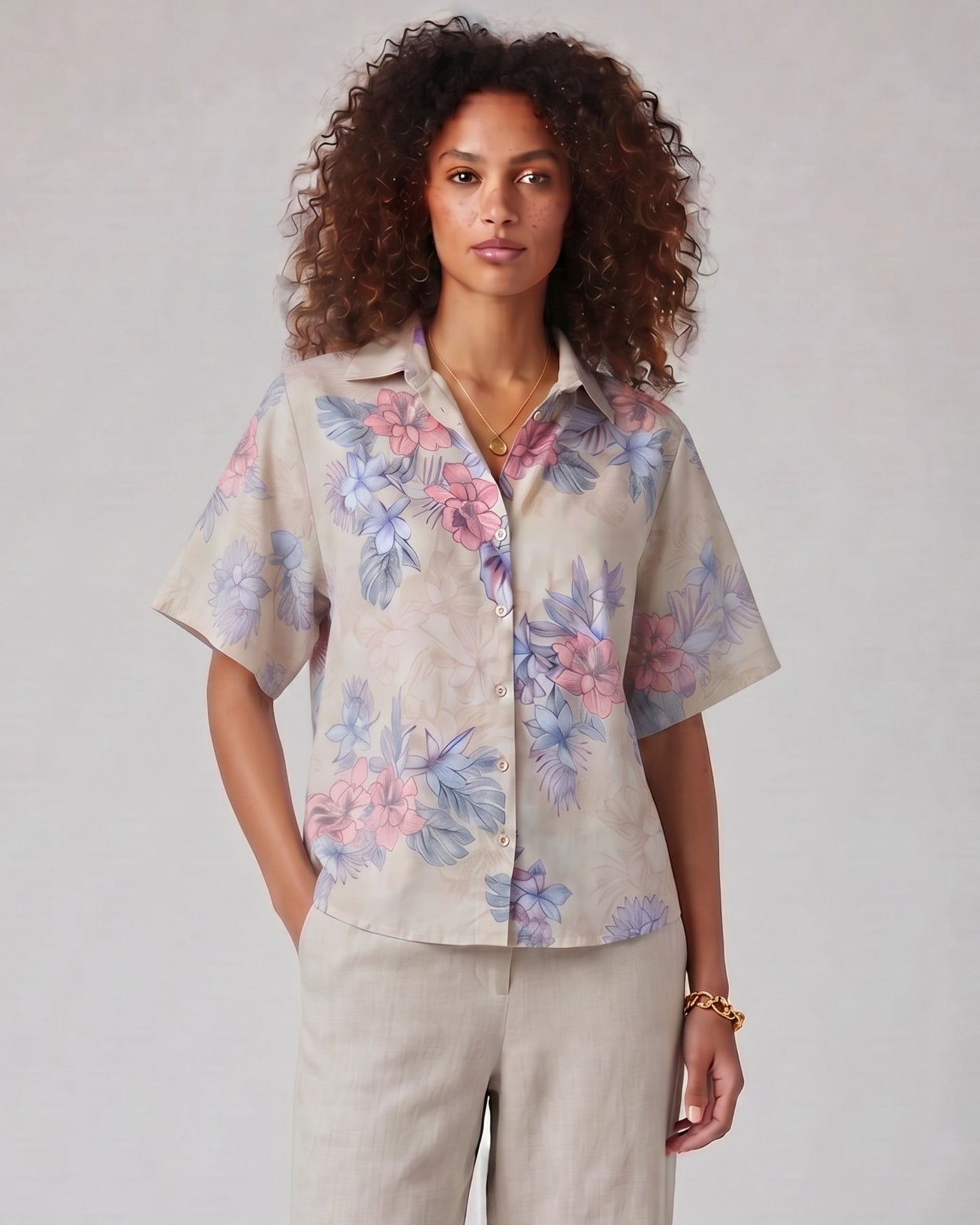 LARA EXOTIC FLORAL NATURAL WOMENS RELAXED LINEN SHIRT