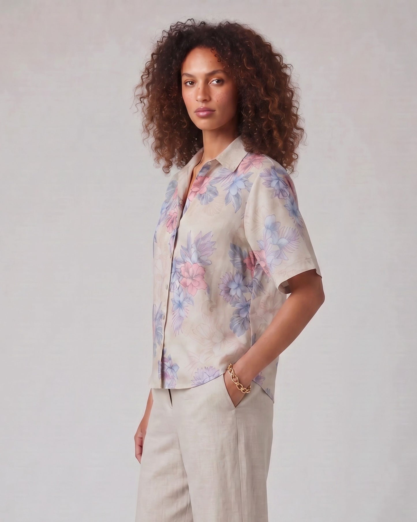LARA EXOTIC FLORAL NATURAL WOMENS RELAXED LINEN SHIRT