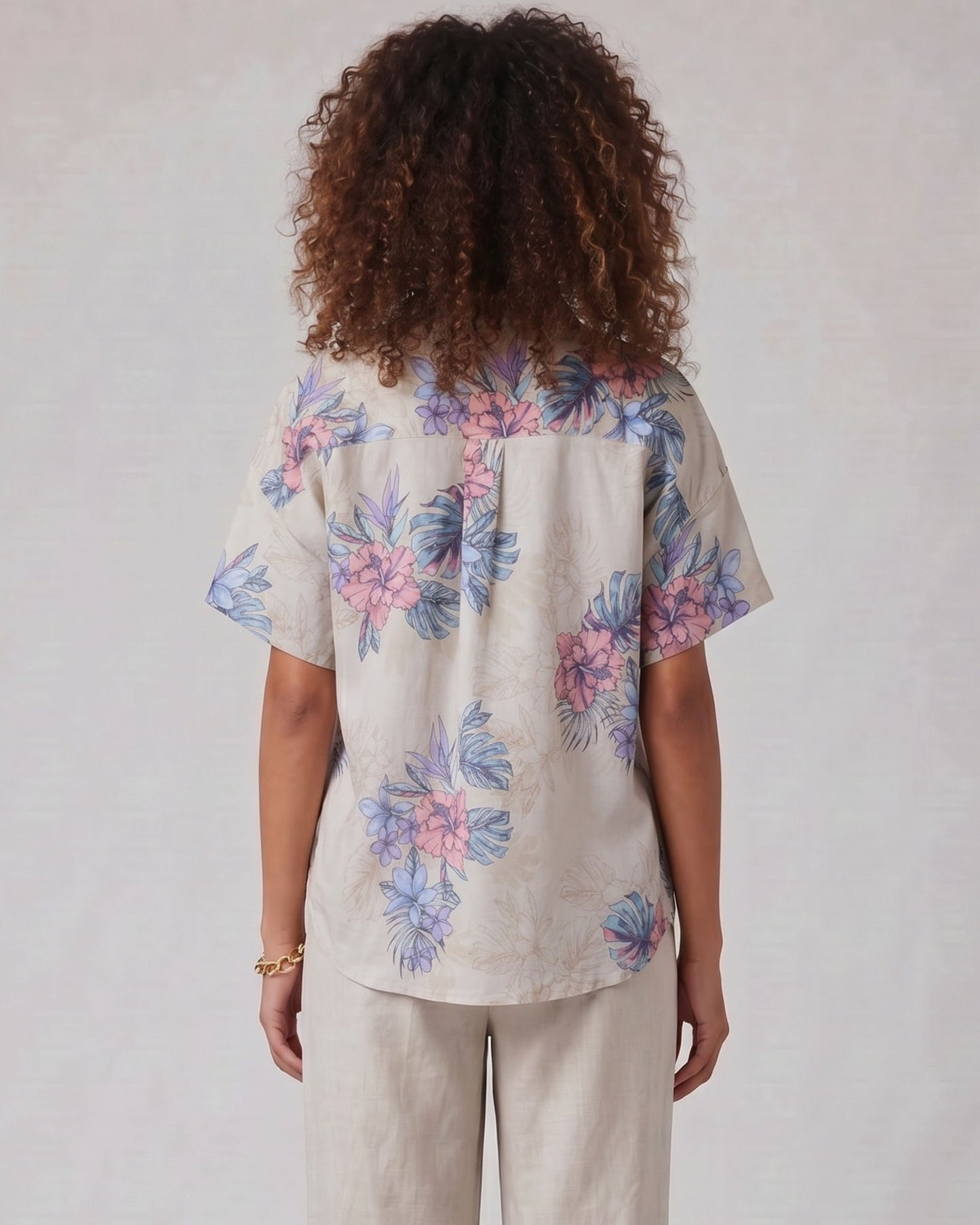 LARA EXOTIC FLORAL NATURAL WOMENS RELAXED LINEN SHIRT