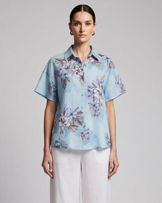 LARA EXOTIC FLORAL TEAL WOMENS RELAXED LINEN SHIRT