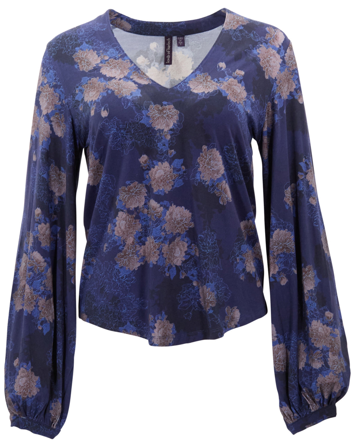 VAL LANS FLORAL NAVY WOMEN'S LYOCELL STRETCH V-NECK TOP