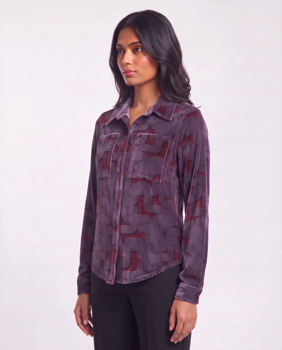 SYLVIA BLONS GEO PORT WOMEN'S VELVET LONG-SLEEVE SHIRT