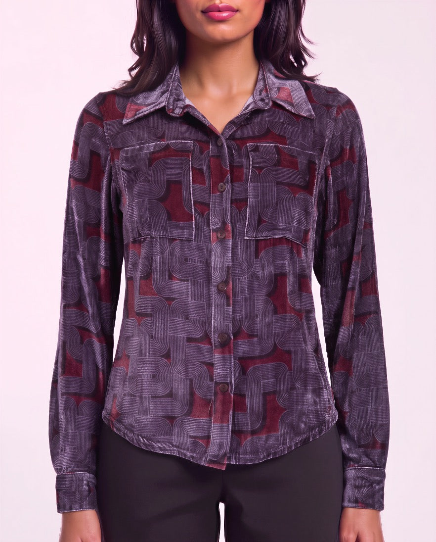 SYLVIA BLONS GEO PORT WOMEN'S VELVET LONG-SLEEVE SHIRT