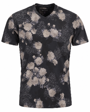 MAZE LANS FLORAL BLACK MEN'S STRETCH COTTON V-NECK TEE