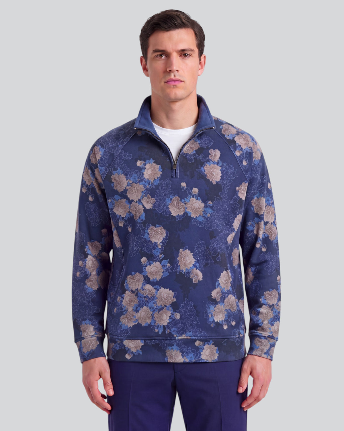 CRAIG LANS FLORAL NAVY MEN'S QUARTER-ZIP KNIT SWEATER
