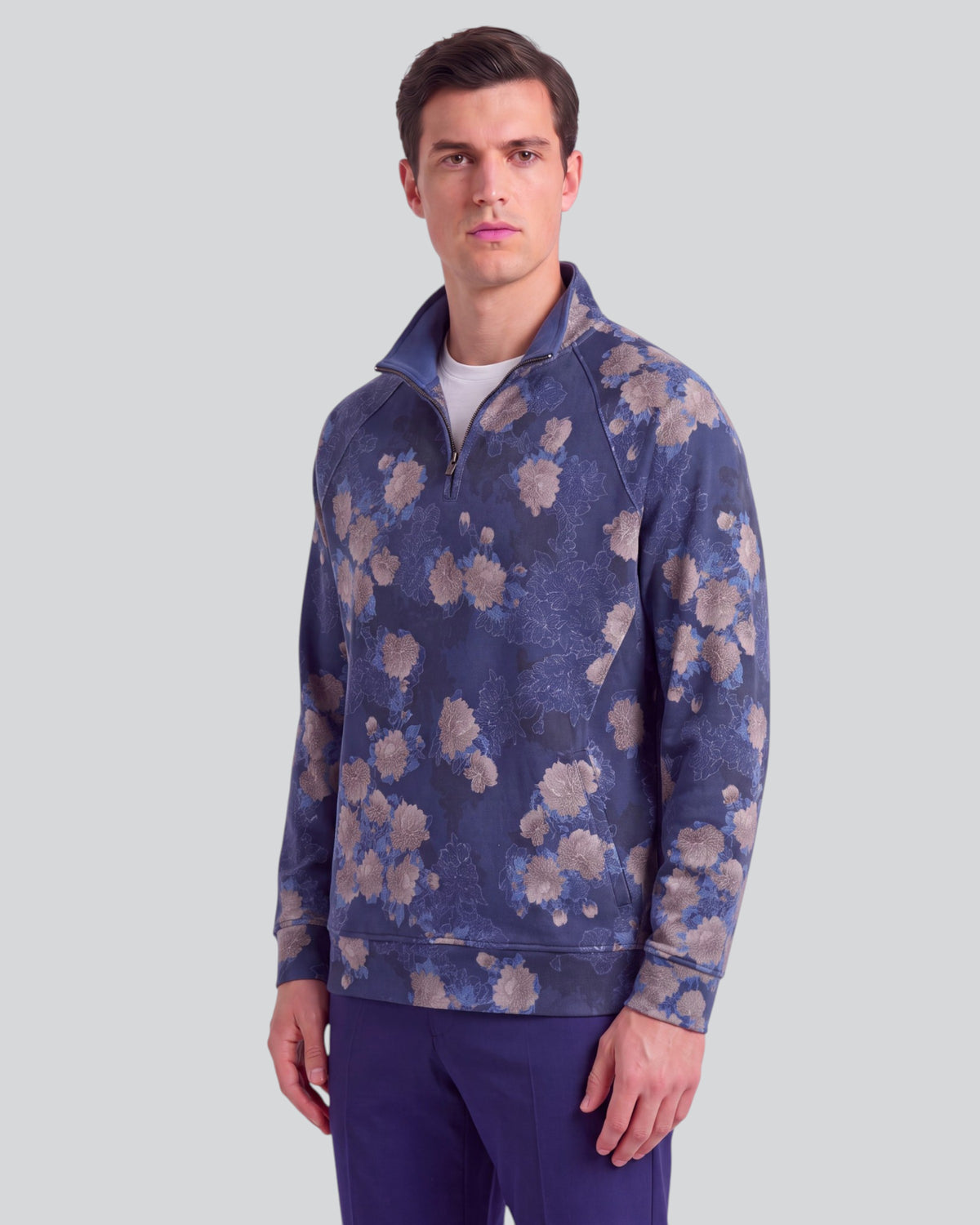CRAIG LANS FLORAL NAVY MEN'S QUARTER-ZIP KNIT SWEATER