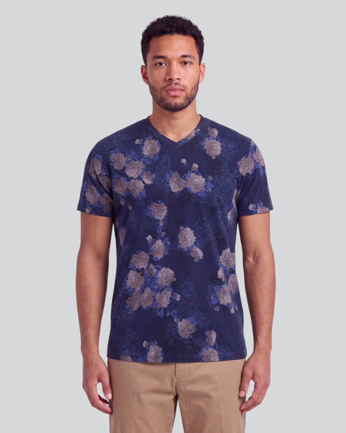MAZE LANS FLORAL NAVY MEN'S STRETCH COTTON V-NECK TEE