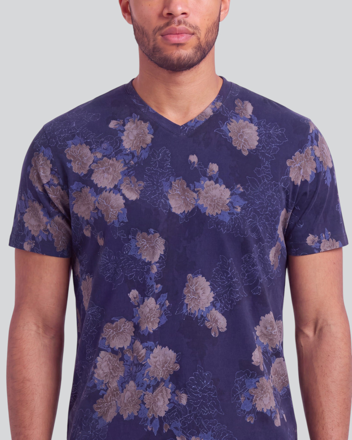 MAZE LANS FLORAL NAVY MEN'S STRETCH COTTON V-NECK TEE