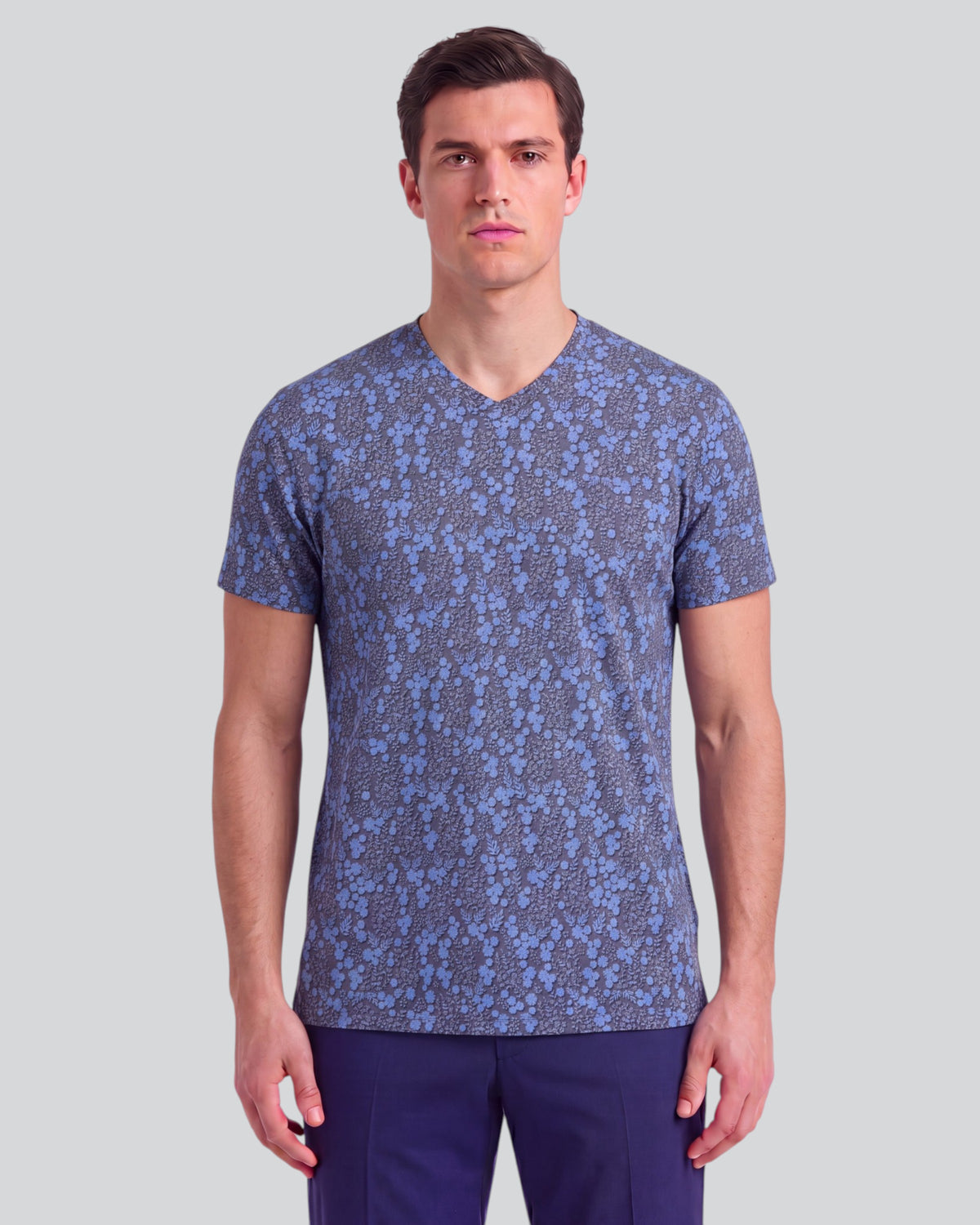 MAZE LECH FLORAL BLACK MEN'S STRETCH COTTON V-NECK TEE