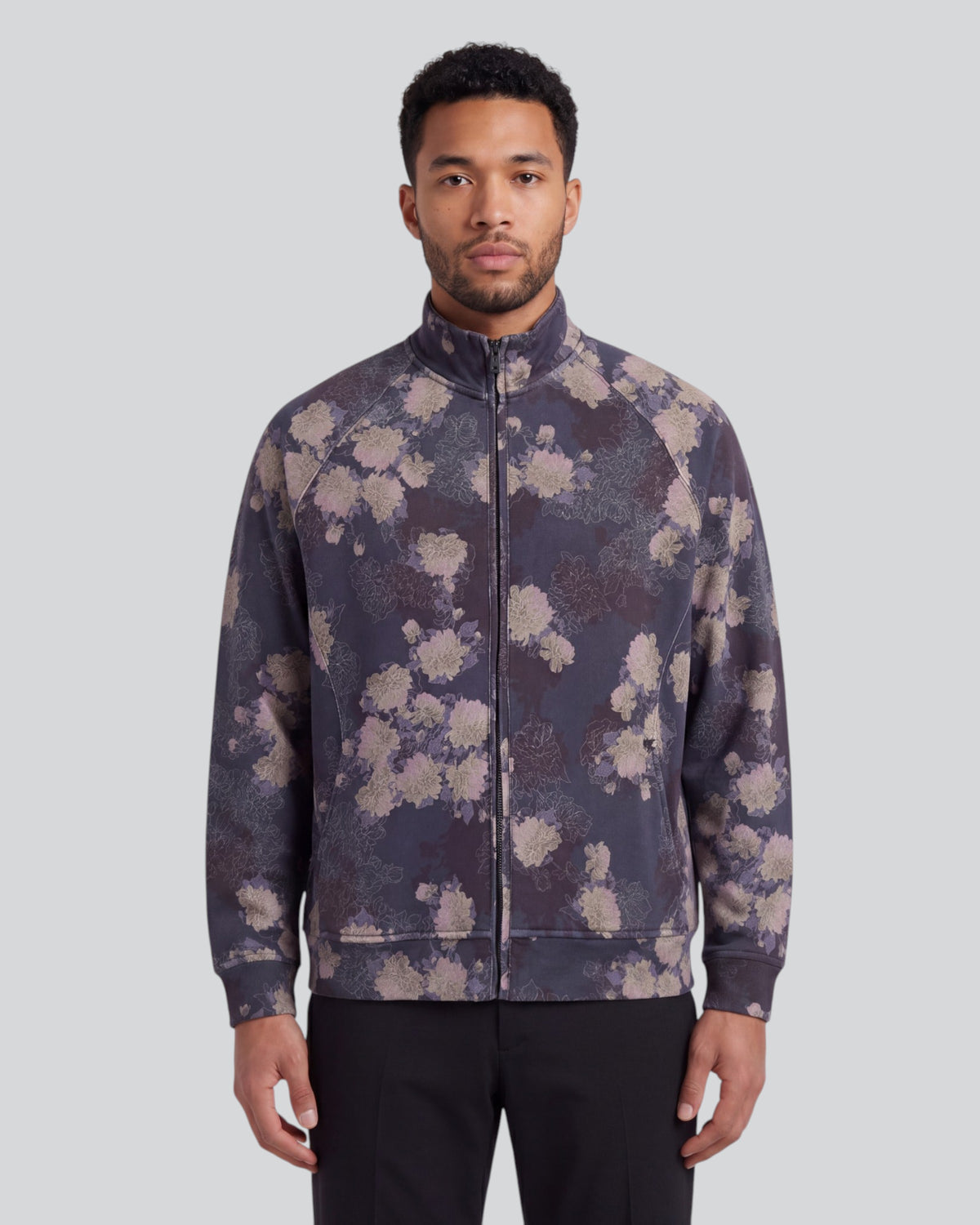 NEVILLE LANS FLORAL BLACK MEN'S FULL-ZIP KNIT JACKET