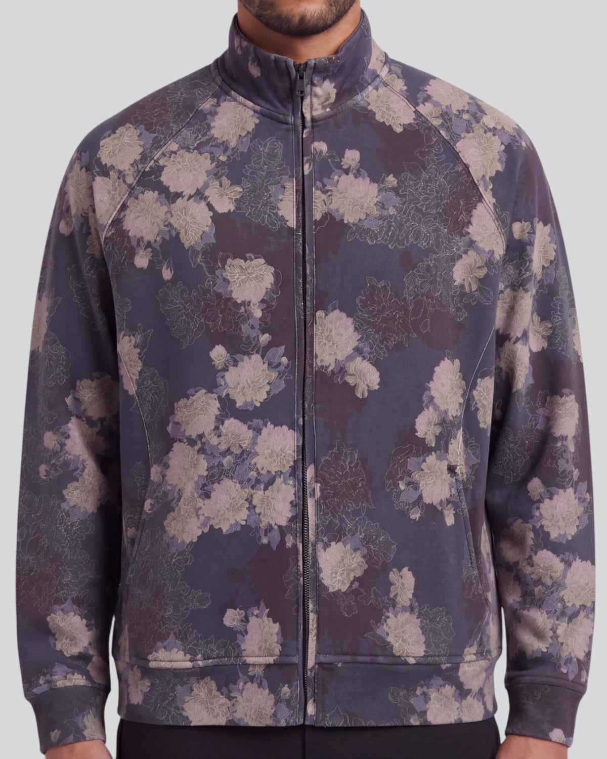 NEVILLE LANS FLORAL BLACK MEN'S FULL-ZIP KNIT JACKET