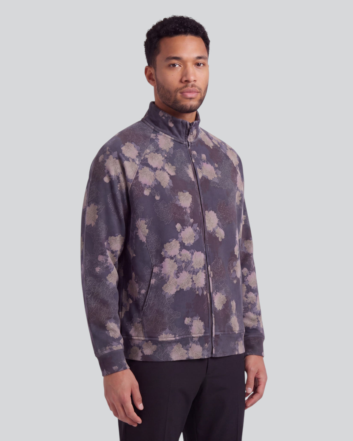 NEVILLE LANS FLORAL BLACK MEN'S FULL-ZIP KNIT JACKET