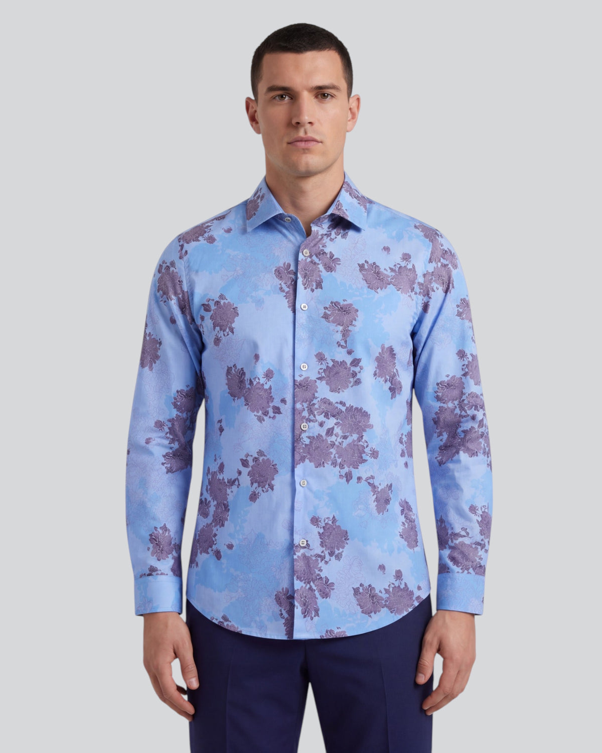 NIGEL LANS FLORAL BLUE MEN'S PRINTED COTTON LONG-SLEEVE SHIRT