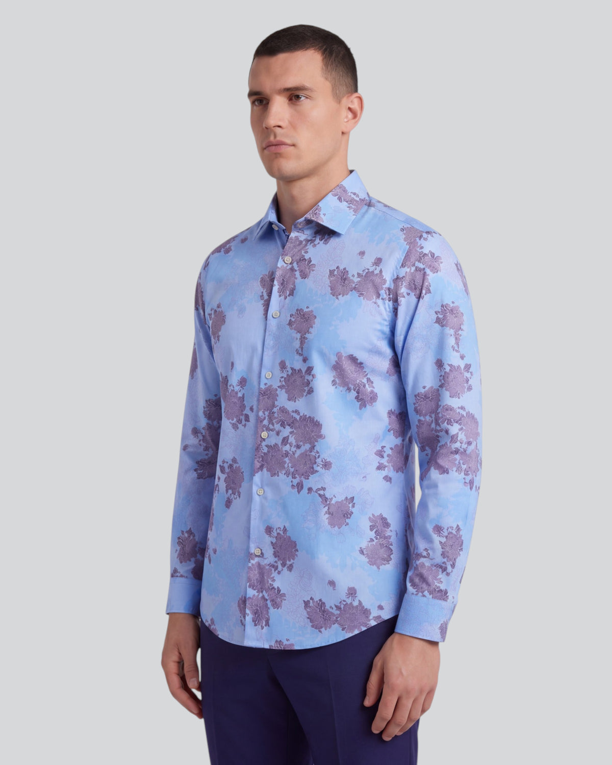 NIGEL LANS FLORAL BLUE MEN'S PRINTED COTTON LONG-SLEEVE SHIRT