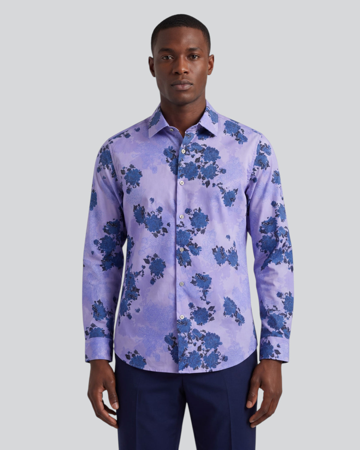 NIGEL LANS FLORAL LAVENDER MEN'S PRINTED COTTON LONG-SLEEVE SHIRT