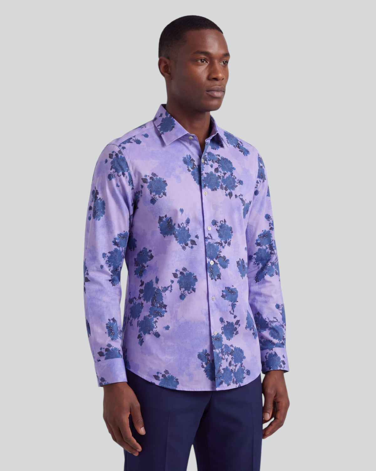 NIGEL LANS FLORAL LAVENDER MEN'S PRINTED COTTON LONG-SLEEVE SHIRT