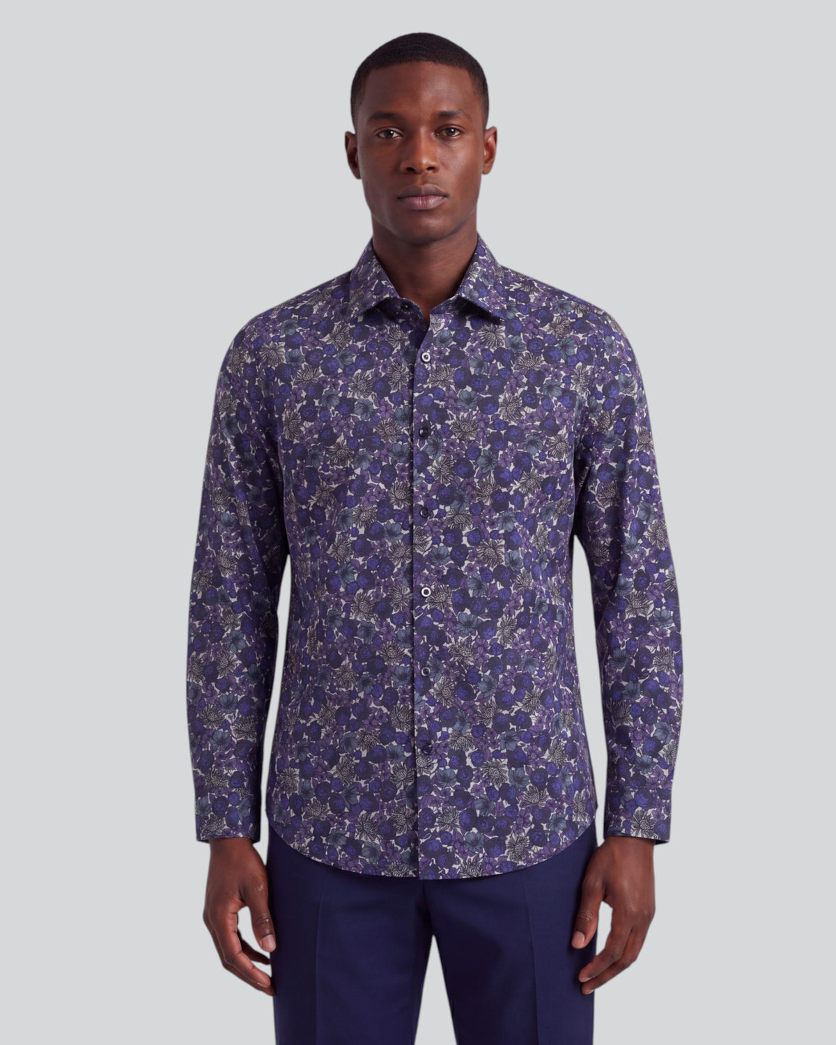 NIGEL TERNBERG FLORAL BLACK MEN'S PRINTED COTTON LONG-SLEEVE SHIRT