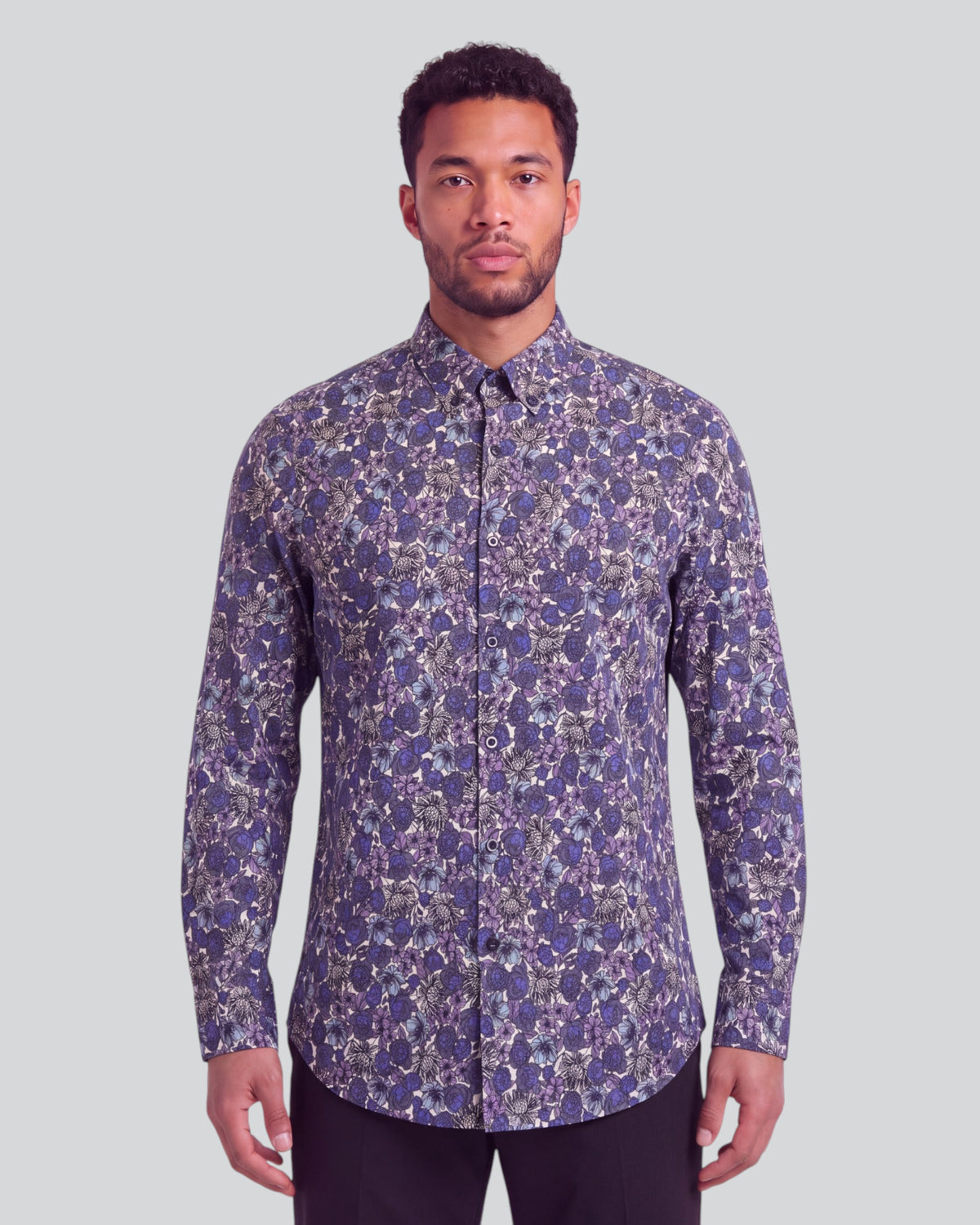 SIMON TERNBERG FLORAL BLACK MEN'S STRETCH JERSEY LONG-SLEEVE SHIRT