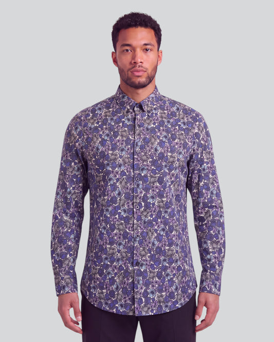 SIMON TERNBERG FLORAL BLACK MEN'S STRETCH JERSEY LONG-SLEEVE SHIRT
