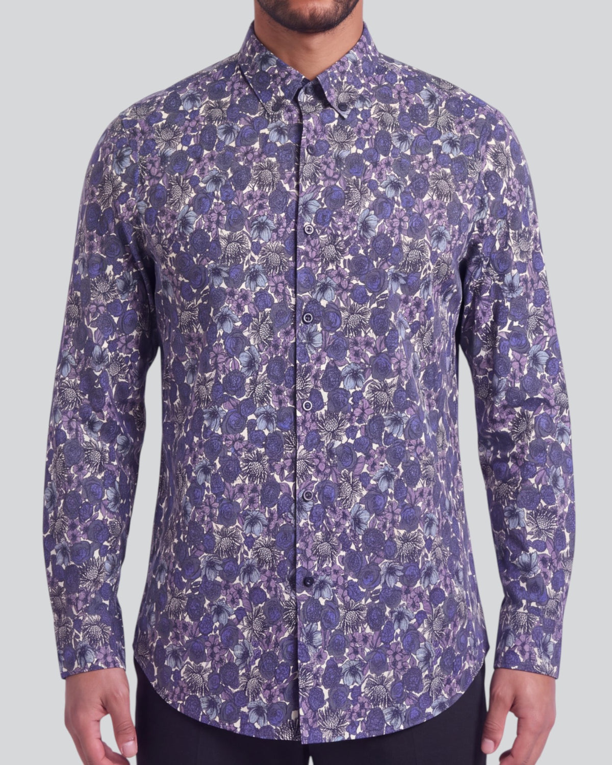 SIMON TERNBERG FLORAL BLACK MEN'S STRETCH JERSEY LONG-SLEEVE SHIRT