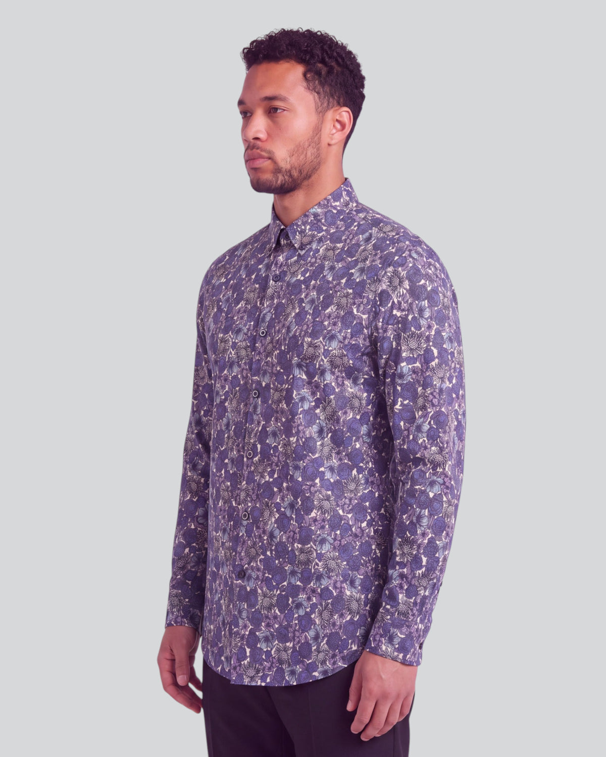 SIMON TERNBERG FLORAL BLACK MEN'S STRETCH JERSEY LONG-SLEEVE SHIRT