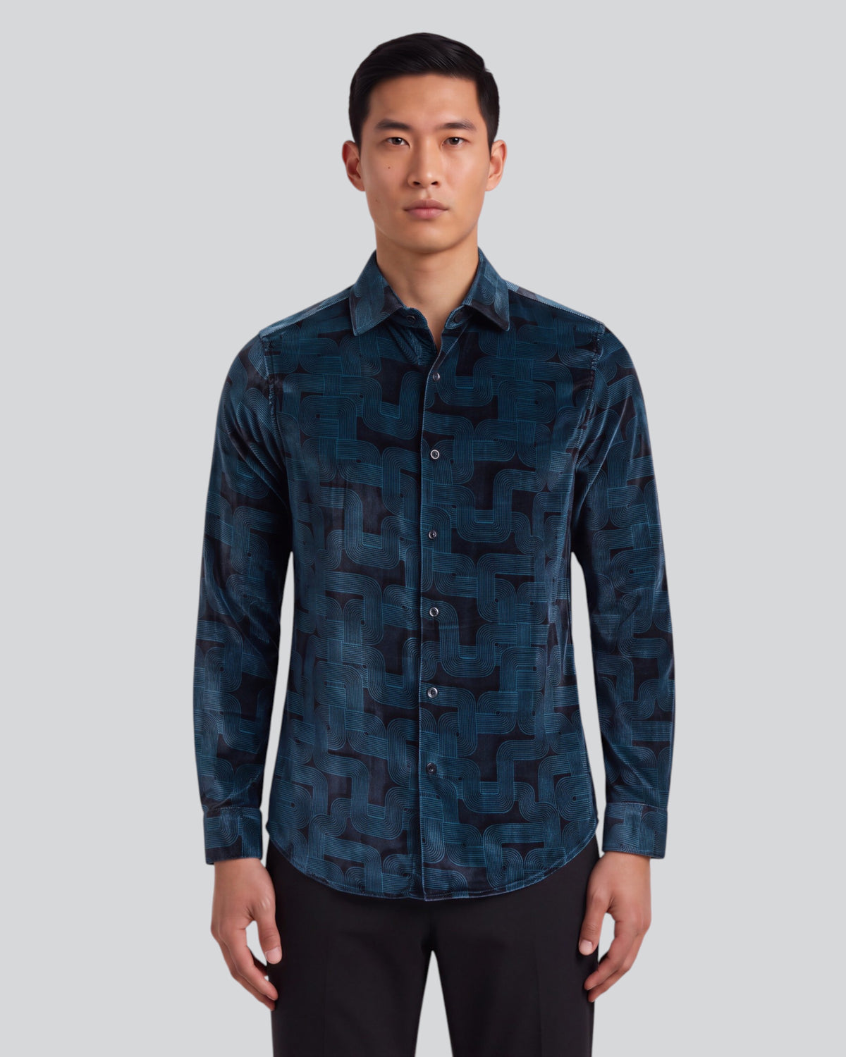 NED BLONS GEO BLACK MEN'S VELVET LONG-SLEEVE SHIRT