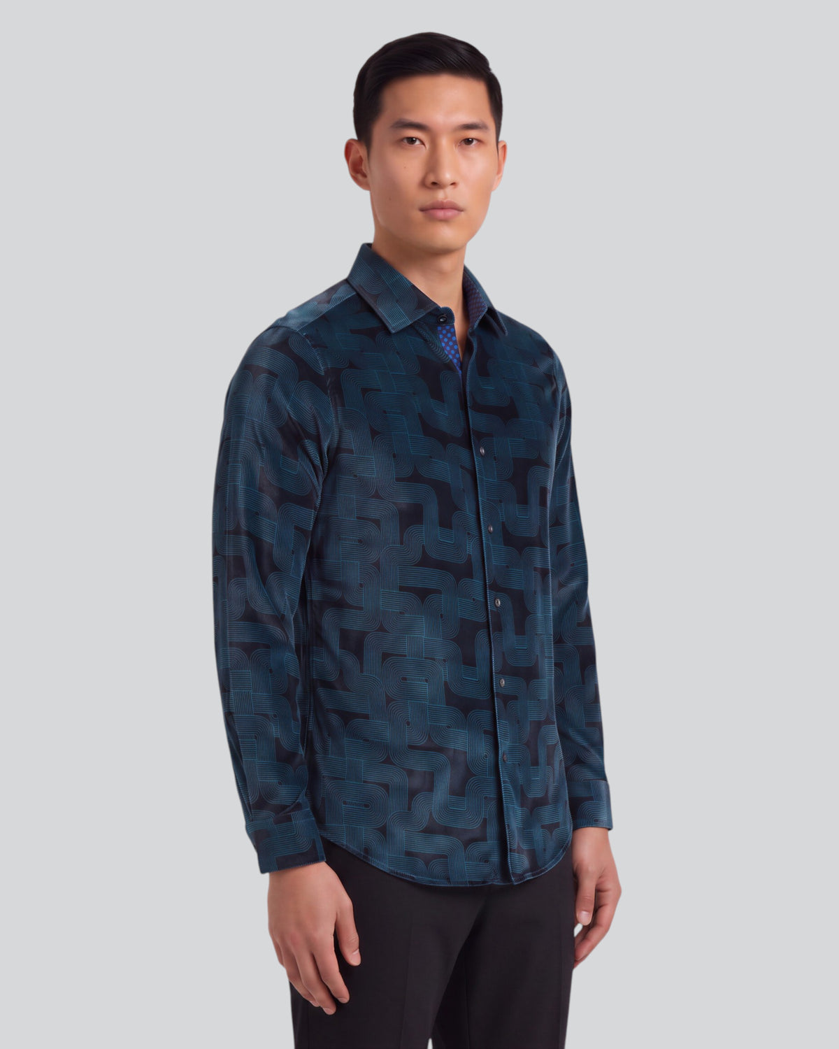NED BLONS GEO BLACK MEN'S VELVET LONG-SLEEVE SHIRT